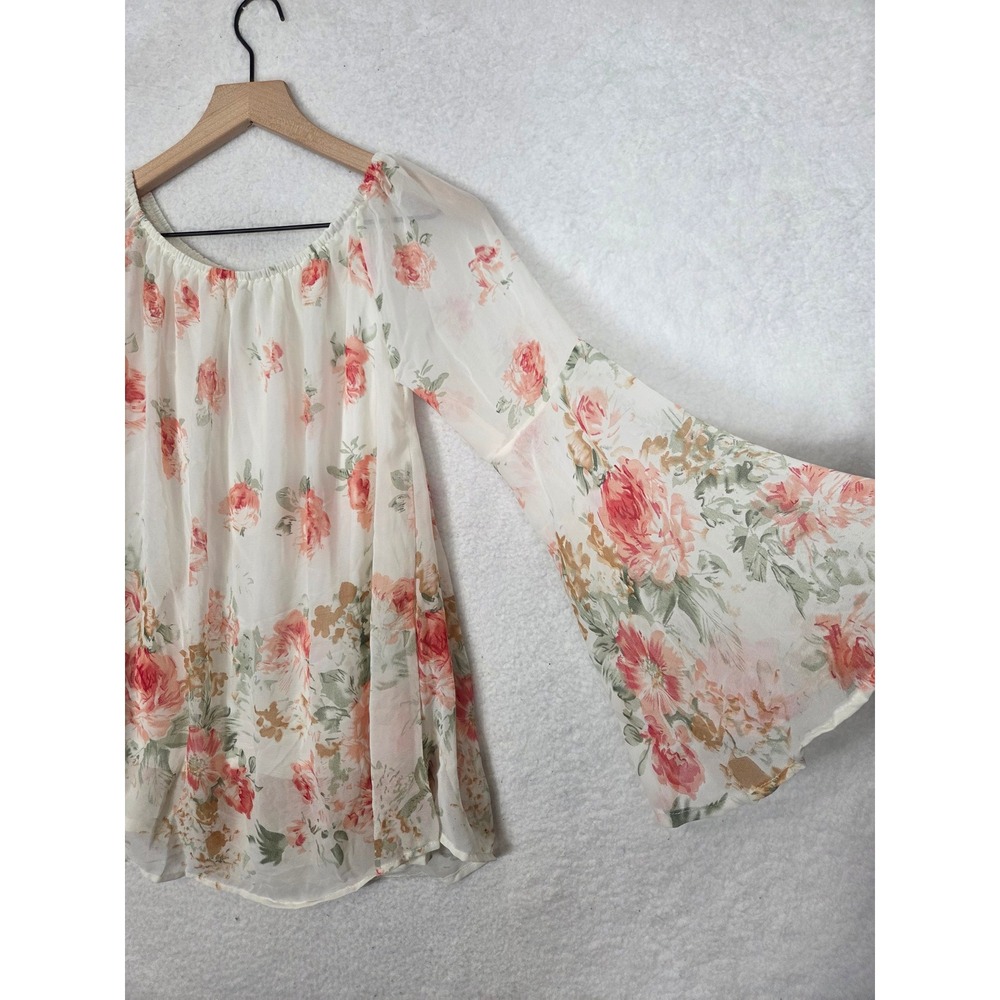 Womens Boho Cottage Floral Chiffon Bell Sleeve Off Shoulder Blouse Cream Pink XL